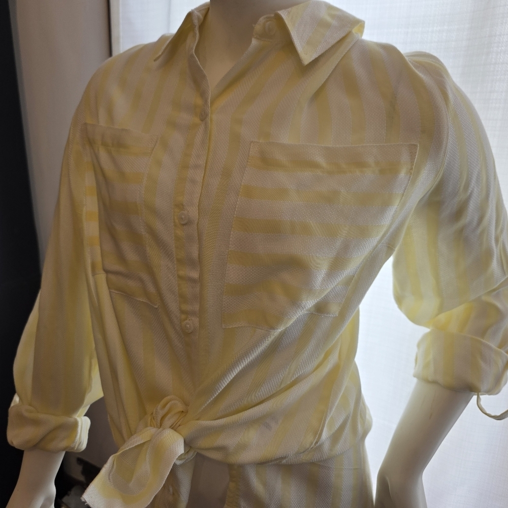 Light Yellow Stripe Tie-Front Women's Shirt - Picture 2 of 7